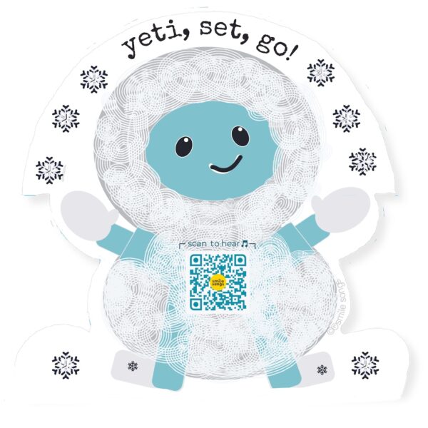 Yeti set go sticker Illustration of smiling Yeti wearing a fuzzy suit, surrounded by snowflakes; QR code on coat the sings song; teal, gray, black and white design