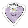 purple heart with smiling figure, qr code that plays song and inspiring words about good deeds