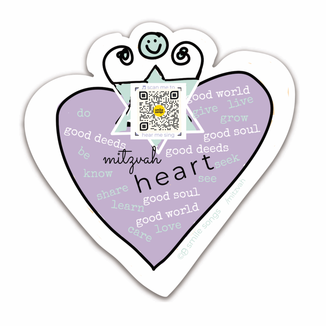 purple heart with smiling figure, qr code that plays song and inspiring words about good deeds