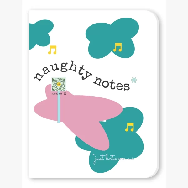 naughtynotes small white notebook with abstract design in mauve, teal and blue, yellow music notes, QR that plays song and Naughty Notes type