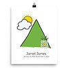 wall art print featuring QR code to play voice memo from dearly departed, dates and name with mountain illustration