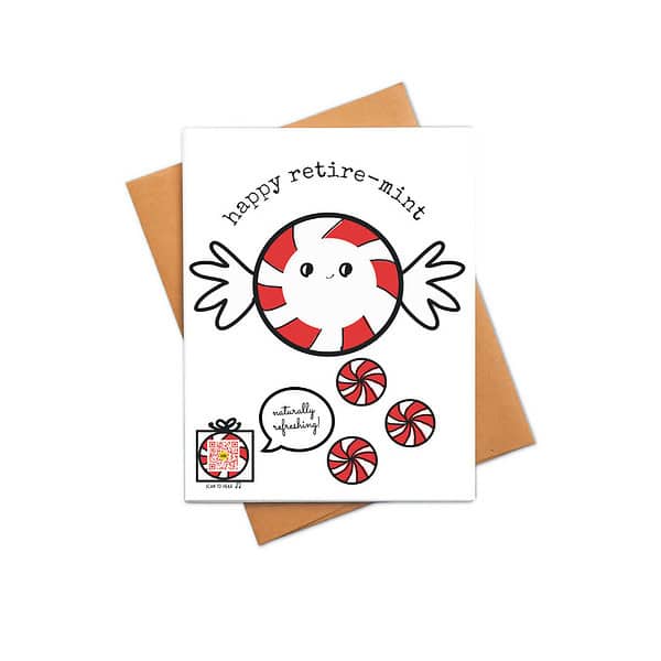 GC130 Happy Retiremint red and white mints on greeting card with Happy Retire-Mint type and QR code that plays song