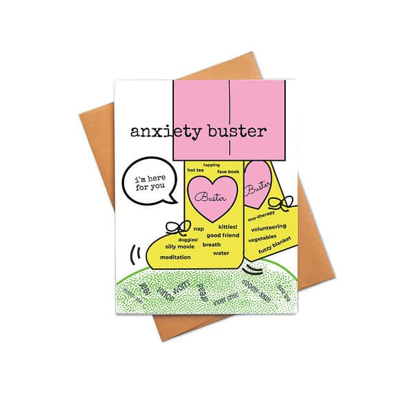 GC131 Anxiety Buster mock greeting card with giant wearing boots full of healthy tips to counter anxiety, qr code that plays anxiety buster song