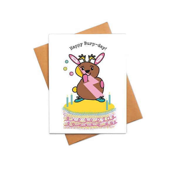 GCB135 Burp Day mock happy burp day birthday card with burping jackalope and qr code that plays handcrafted song