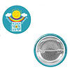 solar powered button blue pin-back button with smiling sun with rainbow arms and cloud hands, qr code that sings solar powered song