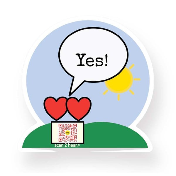 sticker with two hearts on bench, blue sky, green grass and yellow sun; speech bubble says yes! QR code plays love song