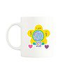 hite mug with a yellow flower design and text that says 'I am grateful, inspired, me,' with a QR code below that plays a song when scanned