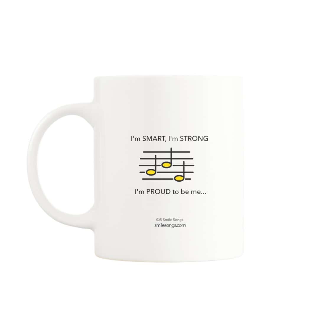 Lyric excerpt on the back of the Proud to Be Me musical mug with an uplifting QR code song.