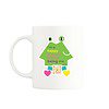 White mug featuring a cheerful character with the text 'I'm a happy human being being me,' colorful hearts, and a QR code that plays a song when scanned