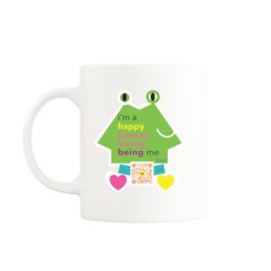 White mug featuring a cheerful character with the text 'I'm a happy human being being me,' colorful hearts, and a QR code that plays a song when scanned