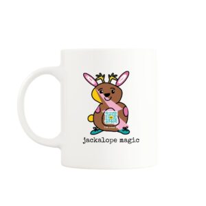 White mug with a cute jackalope character holding a QR code that plays a song when scanned, with text that says 'Jackalope Magic.