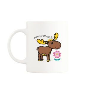 Moosical musical mug featuring a happy moose with a QR code song