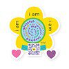 diecut yellow flower sticker with circular swirl type that says i'm grateful i'm inspired i'm me, qr code that sings song