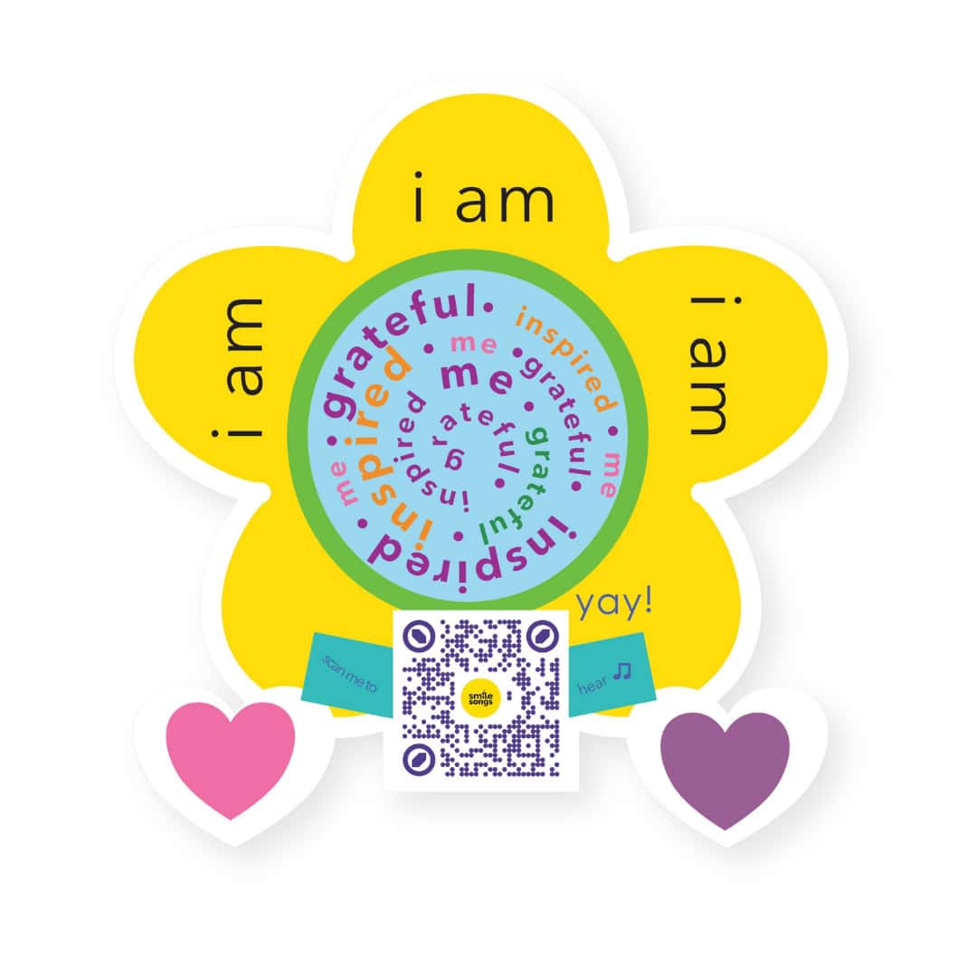 diecut yellow flower sticker with circular swirl type that says i'm grateful i'm inspired i'm me, qr code that sings song