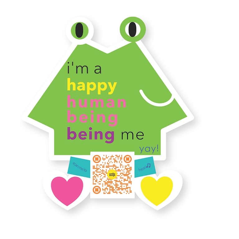 smiling green frog likek character sticker with Happy Human Being Being Me type and singing QR code on front
