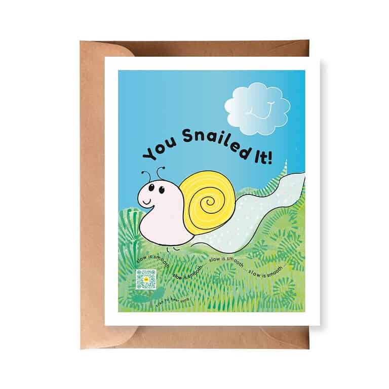 Recycled paper greeting card with handdrawn snail and You Snailed It message and QR code that plays handcrafted song