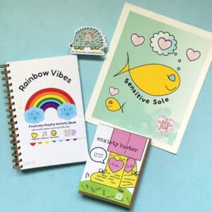 The Practitioner Pack by Smile Songs with musical activity book, greeting card, singing sticker, and SEL wall art on blue background.