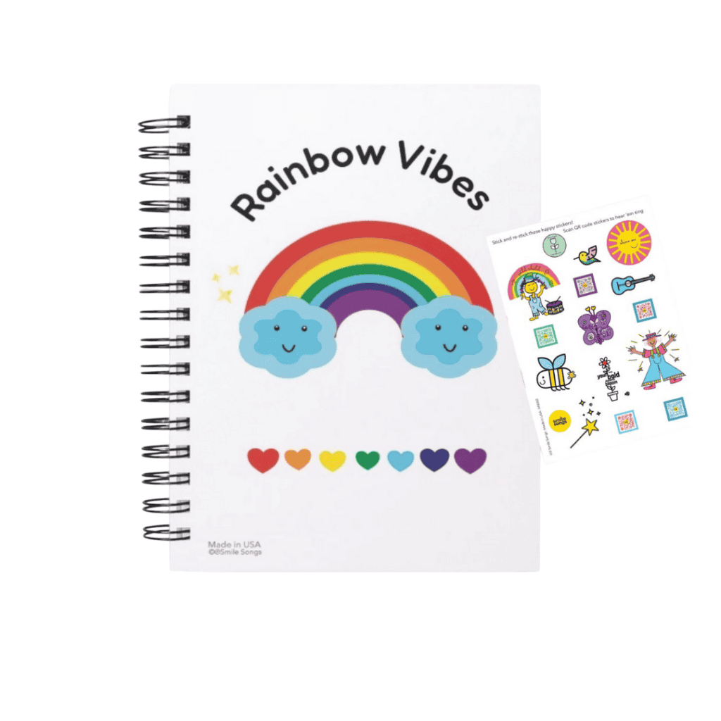 Rainbow Vibes Positively Playful Activity Book with 50 pages, reusable stickers, and QR code songs
