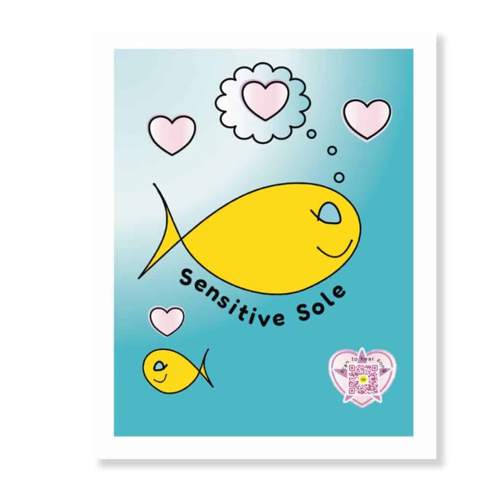 Sensitive Sole singing wall art print featuring a fish pun with QR code that plays a gentle, emotional song