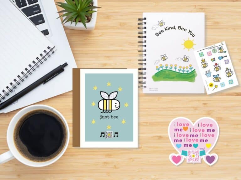 Smile Songs SEL tools including musical greeting cards, reusable sticker packs, and art prints for therapy offices and classrooms.